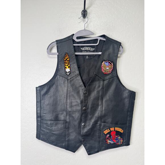 UNIK Black Leather Biker Vest Size Medium Patched Skull Hell On Wheels Flag - Picture 1 of 4